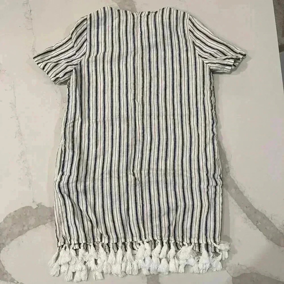 Ellison Linen Blue/White Dress Tassel Fringe Trim Women's Large Pockets Zipper - Picture 6 of 6